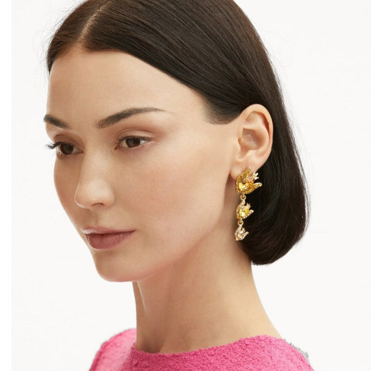 Gold-tone floral drop earrings with warm-toned zircon stones and layered sparkle accents