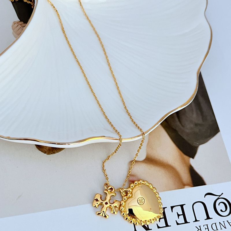 Tory Burch Natural Shell Inlaid Heart Pendant Necklace Women