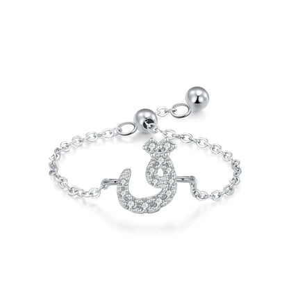 Adjustable silver pavé Arabic letter ring with CZ stones, centered letter on chain band