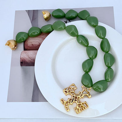 Tory Burch Green Acrylic Logo Pendant Metal Necklace