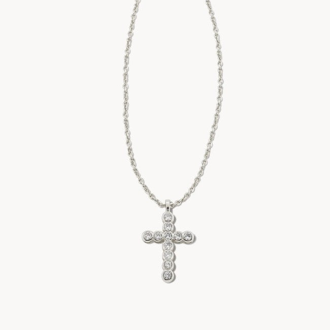 Silver cross pendant necklace with round diamond accents and link chain