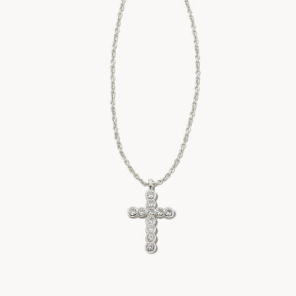 Silver cross pendant necklace with round diamond accents and link chain