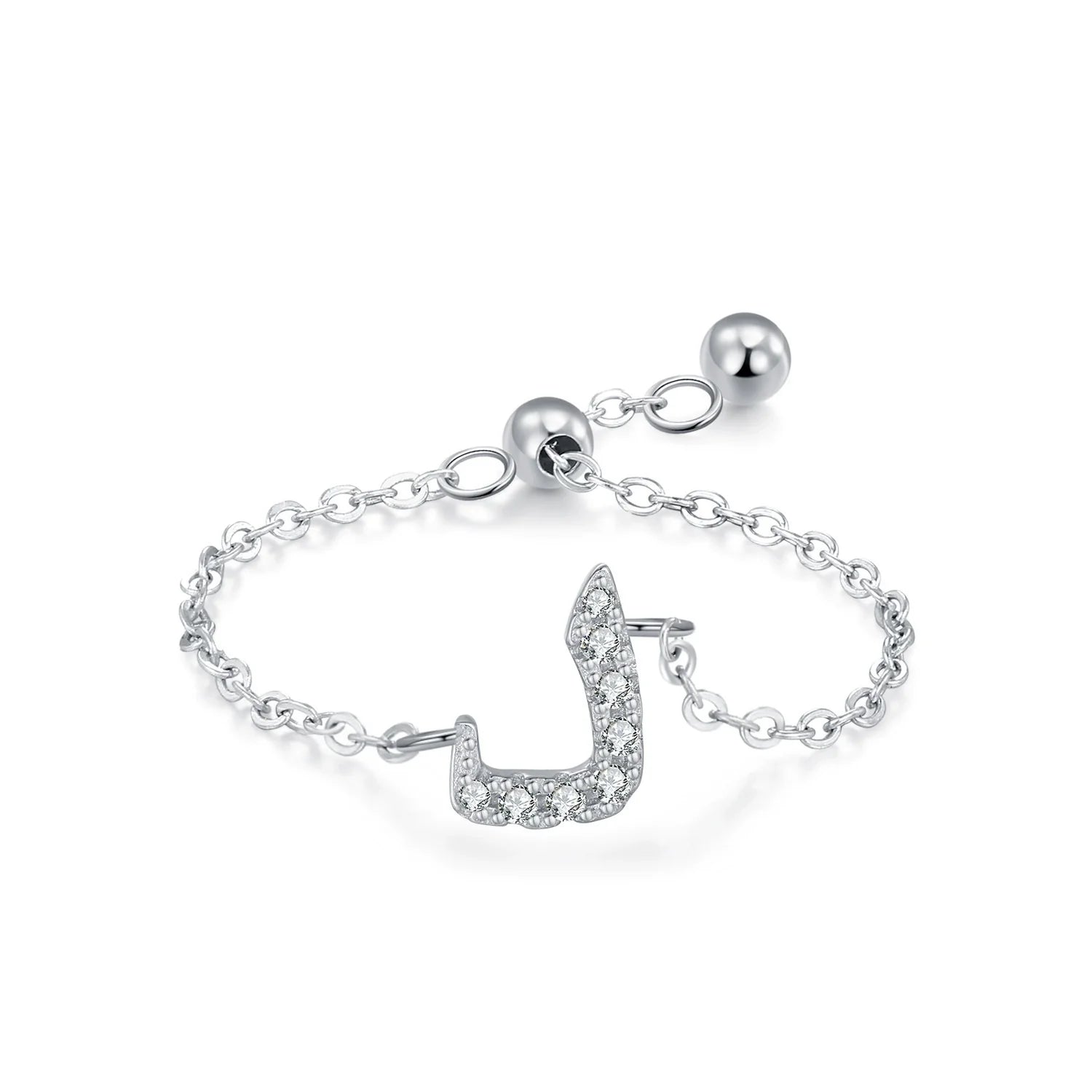 Silver Arabic letter pavé chain ring with pavé CZ Arabic letter charm and round ball adjuster