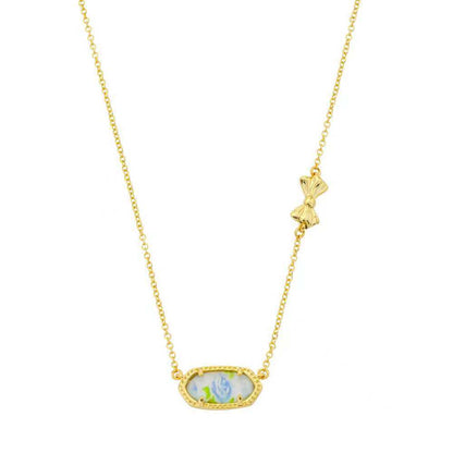 Gold butterfly pendant necklace with oval blue-and-white enamel charm