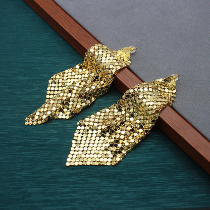 Gold sequin dangling earrings pair, fan-shaped with stud back details