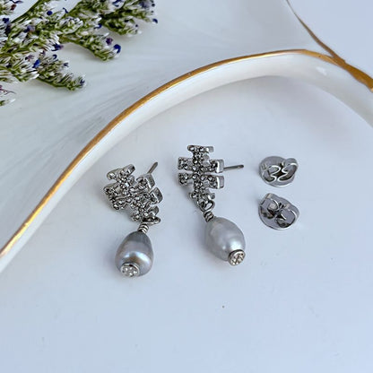 Tory Burch Rhinestone Natural Pearl Pendant Earrings