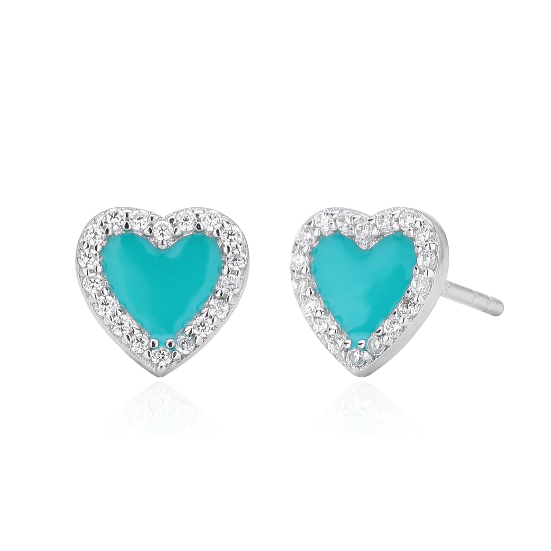 Silver heart stud earrings with turquoise enamel and clear stone halo; matching pair.