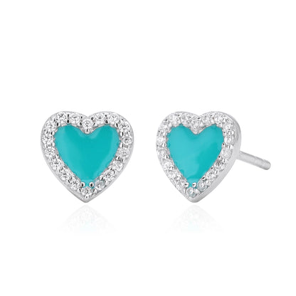 Silver heart stud earrings with turquoise enamel and clear stone halo; matching pair.