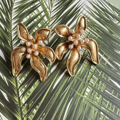 Floral enamel earrings with gold petals and pearl bead clusters