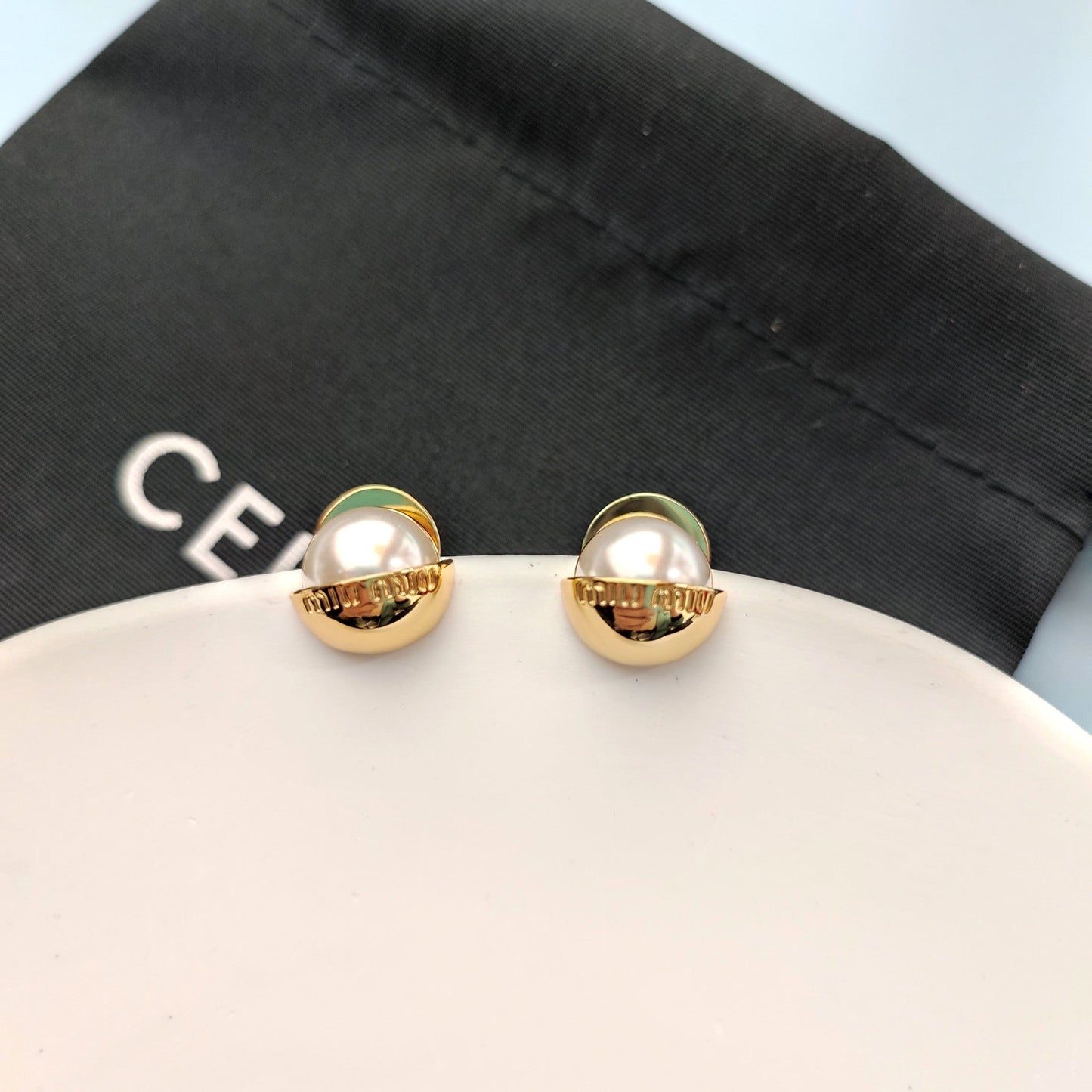 Miu Miu Half-Circle Metal Half-Pearl Two-Tone Stud Earrings