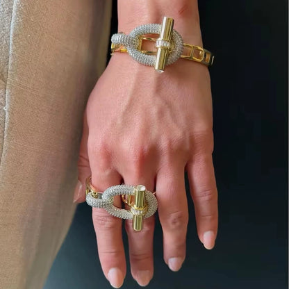 Pig nose horizontal bar ring bracelet set inlaid zircon bracelet ring women