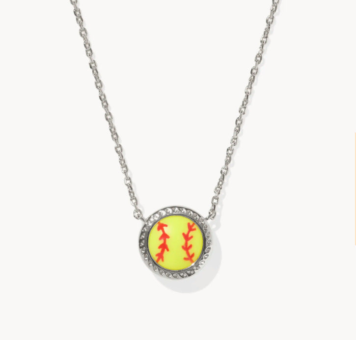 Silver-tone sports pendant necklace with yellow softball charm and red icons