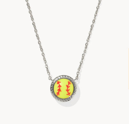 Silver-tone sports pendant necklace with yellow softball charm and red icons