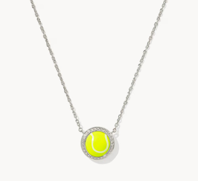 Silver-plated pendant necklace with round green sports ball and textured bezel