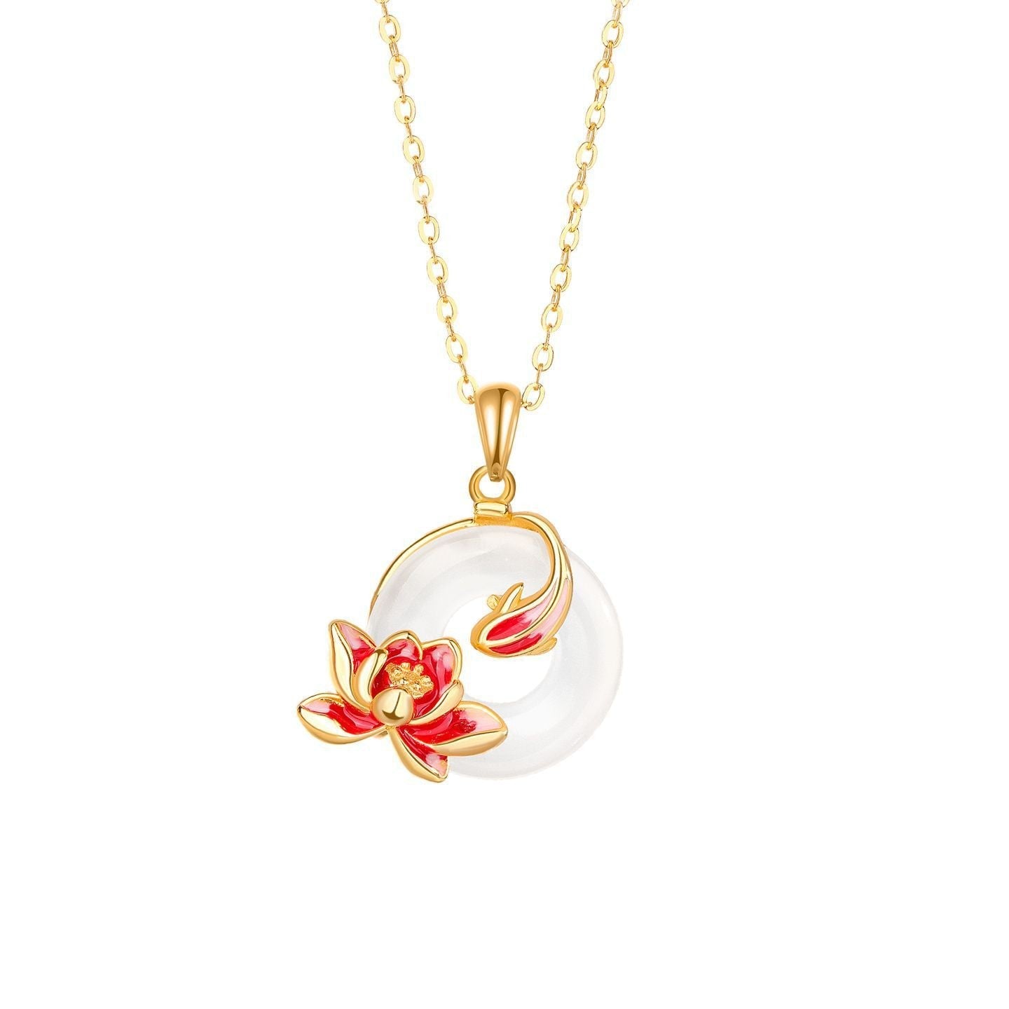 Gold-tone peace-knot necklace featuring natural white chalcedony pendant on linked chain