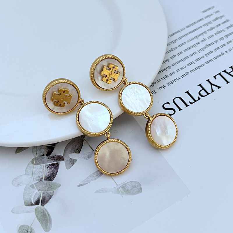 欧美时尚轻奢气质通勤镶嵌几何圆形贝壳英文字母女款金属耳坠
