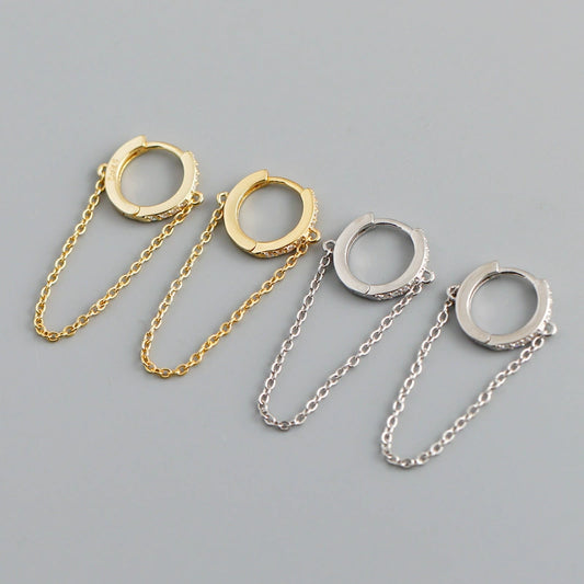 S925 Silver CZ Huggie Hoop Earrings with Chain | JIMMY JEWELRY