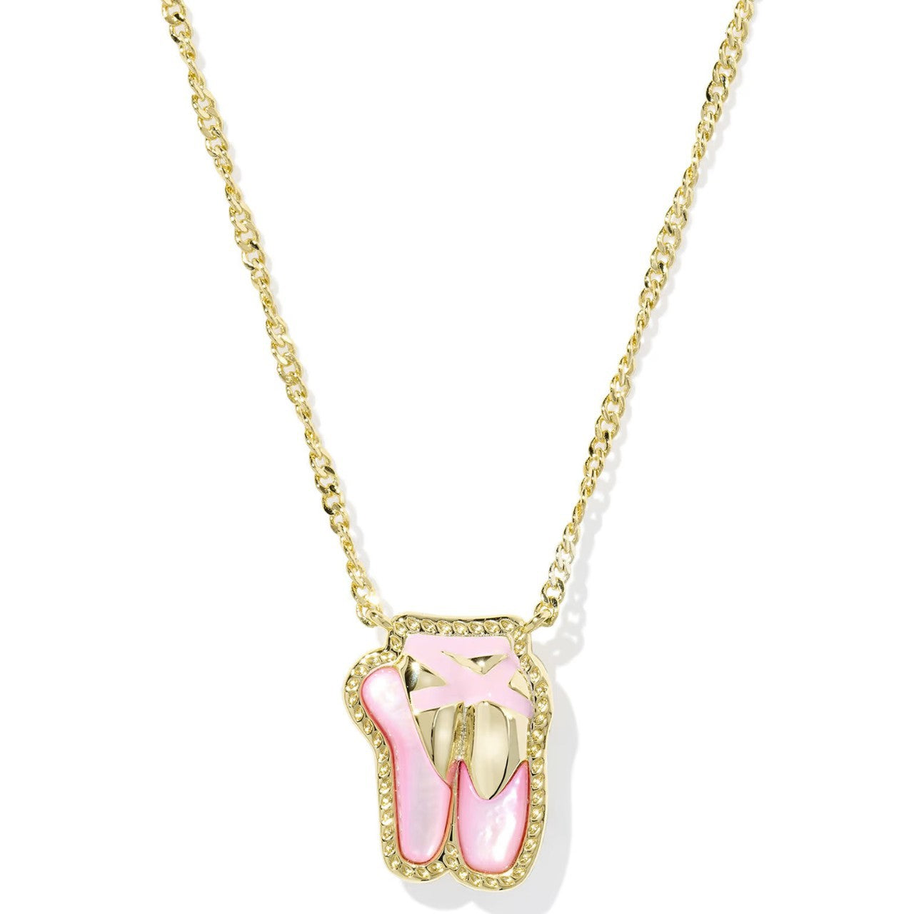 Gold-plated ballet shoe pendant necklace with pink and white enamel on a gold chain