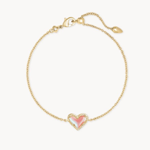Adjustable heart charm bracelet with gold-tone chain and pink heart crystal pendant.