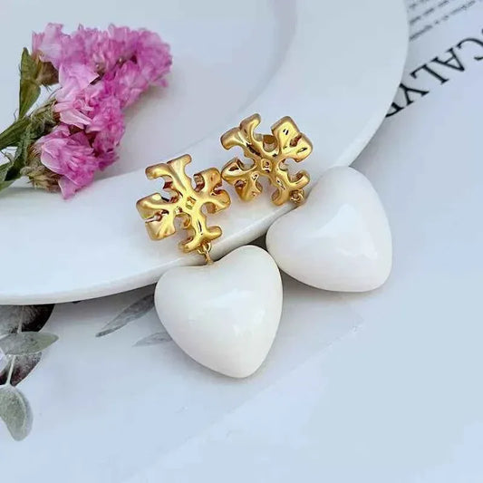 Tory Burch Sweet Glossy Heart pendant earrings, white hearts with gold snowflake studs