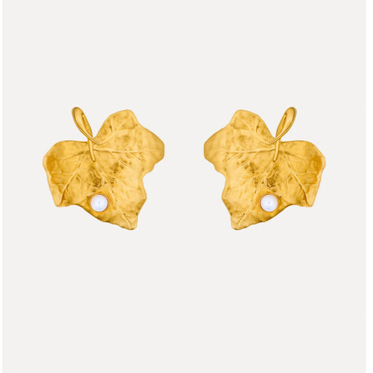 Gold-tone botanical ivy leaf earrings with white pearl drop, stud style