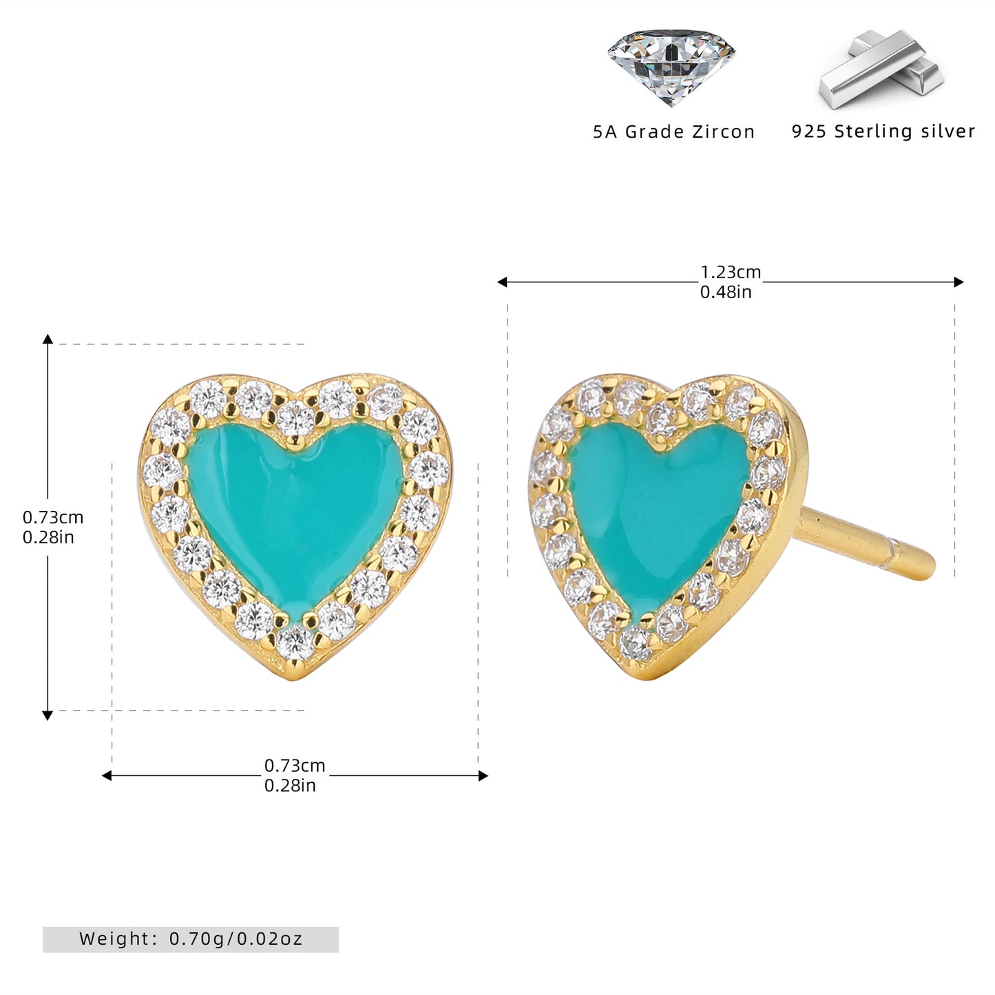 Gold-tone heart stud earrings with turquoise enamel and clear stone halo; post back, S925 style.