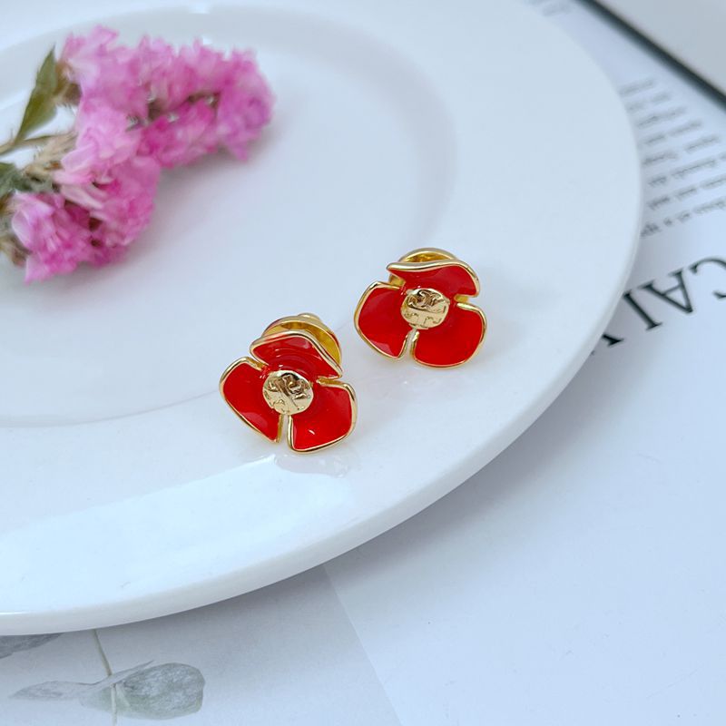Tory Burch enamel camellia stud earrings with red petals and gold-tone frames