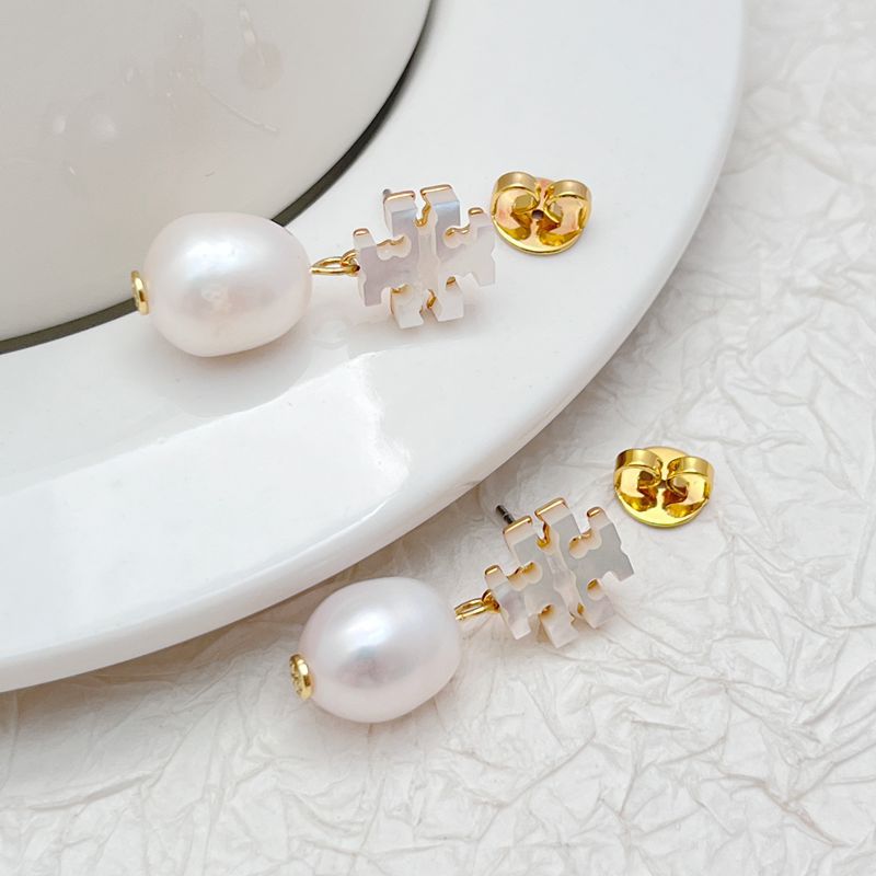 Tory Burch Natural Freshwater Pearl White Seashell Drop Earrings