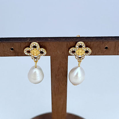 Tory Burch Four-Leaf Clover Diamond Freshwater Pearl Drop Earrings