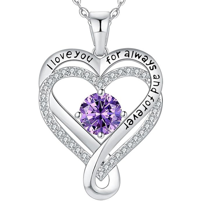 Silver heart pendant necklace with purple round gemstone and sparkling pave border