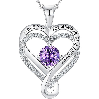 Silver heart pendant necklace with purple round gemstone and sparkling pave border
