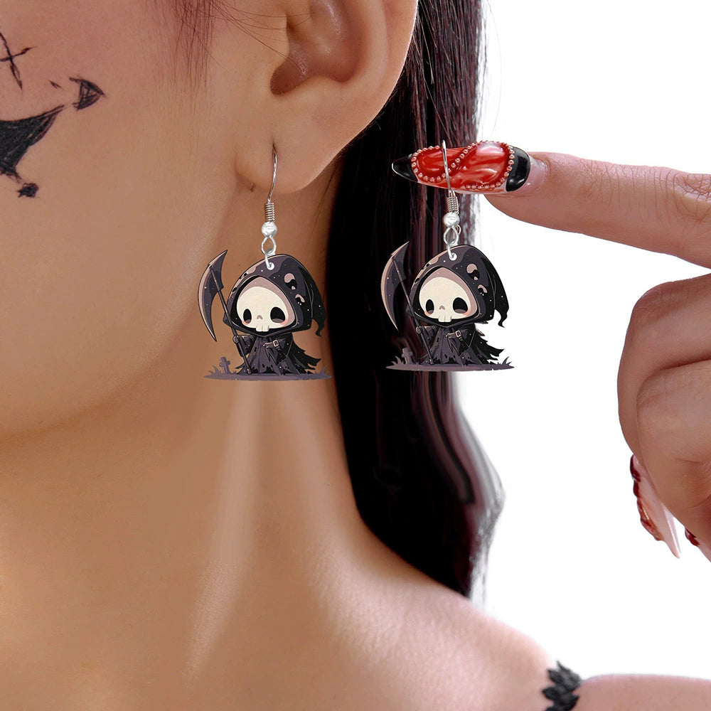 S925 Sterling Silver Halloween Earrings with Ghost, Pumpkin, Skeleton Acrylic Pendants
