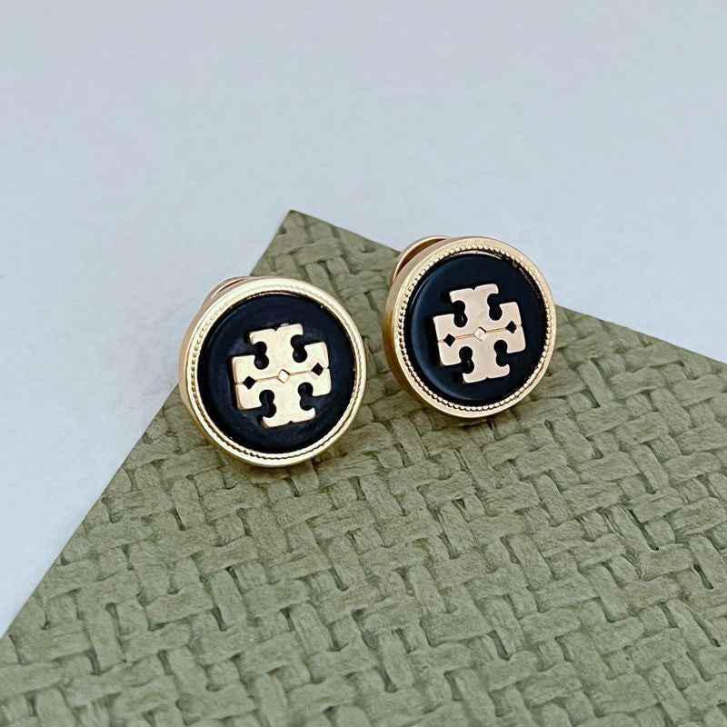 欧美时尚轻奢通勤小众ins天然贝壳镶嵌圆形金属耳钉 耳饰