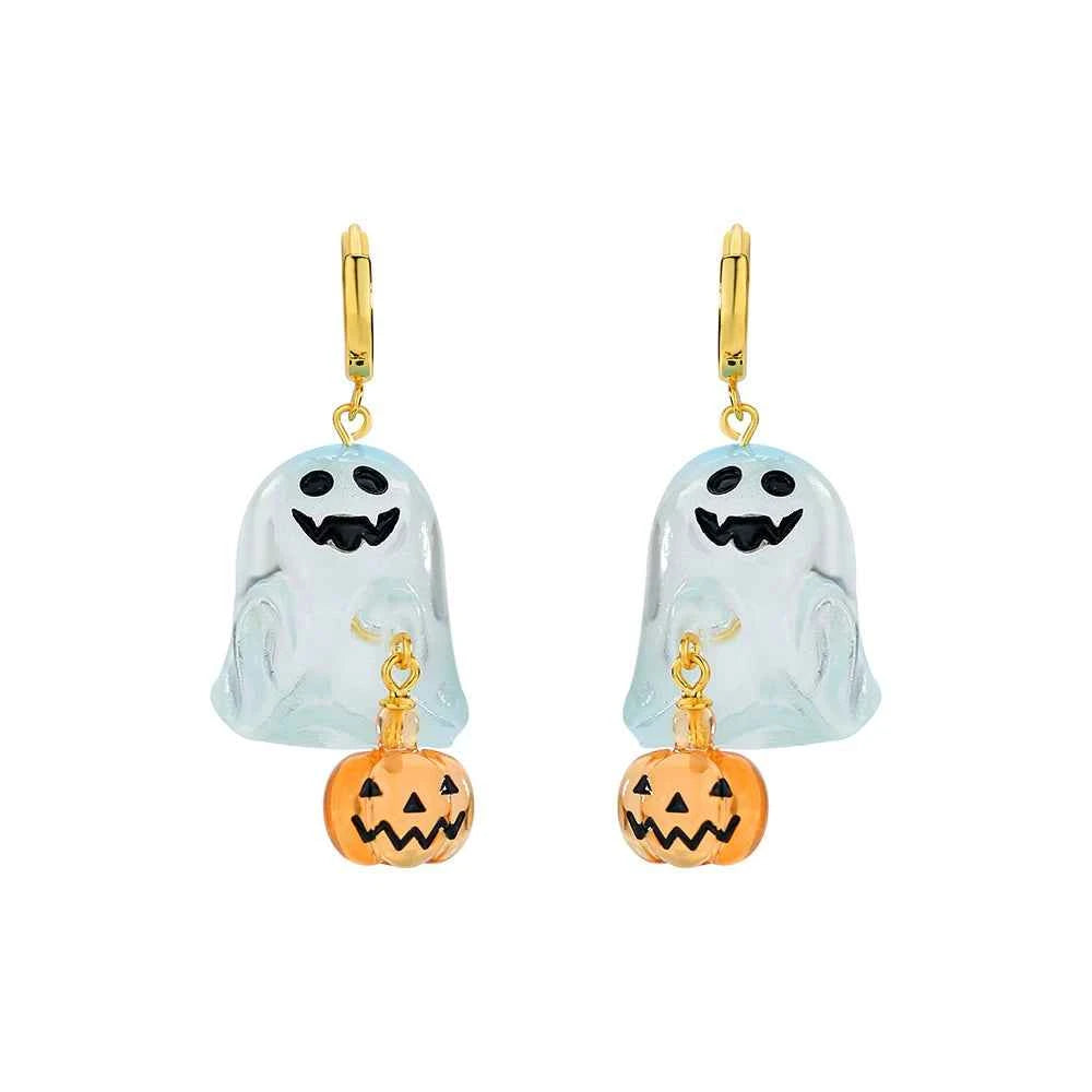 Halloween Hoop Earrings - S925 Sterling Silver with 3D Ghost & Pumpkin Charms