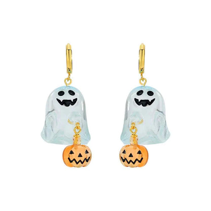 Halloween Hoop Earrings - S925 Sterling Silver with 3D Ghost & Pumpkin Charms