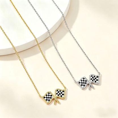 Gold chain necklace with two checkered flag bow pendants