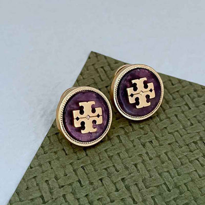 欧美时尚轻奢通勤小众ins天然贝壳镶嵌圆形金属耳钉 耳饰