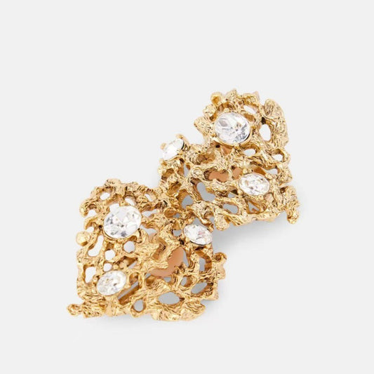 Gold-tone irregular openwork heart earrings with round crystal accents