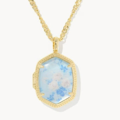 Gold-plated pendant necklace with blue floral octagon frame and linked chain