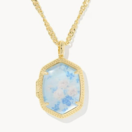 Gold-plated pendant necklace with blue floral octagon frame and linked chain