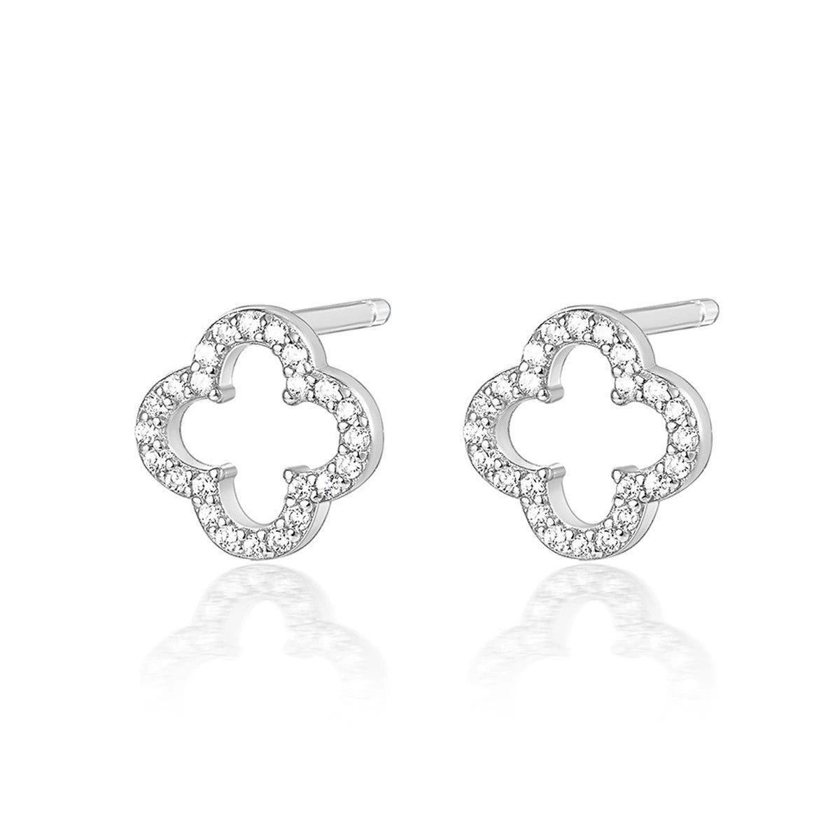 Silver-tone four-leaf clover earrings with openwork shape and pavé stones