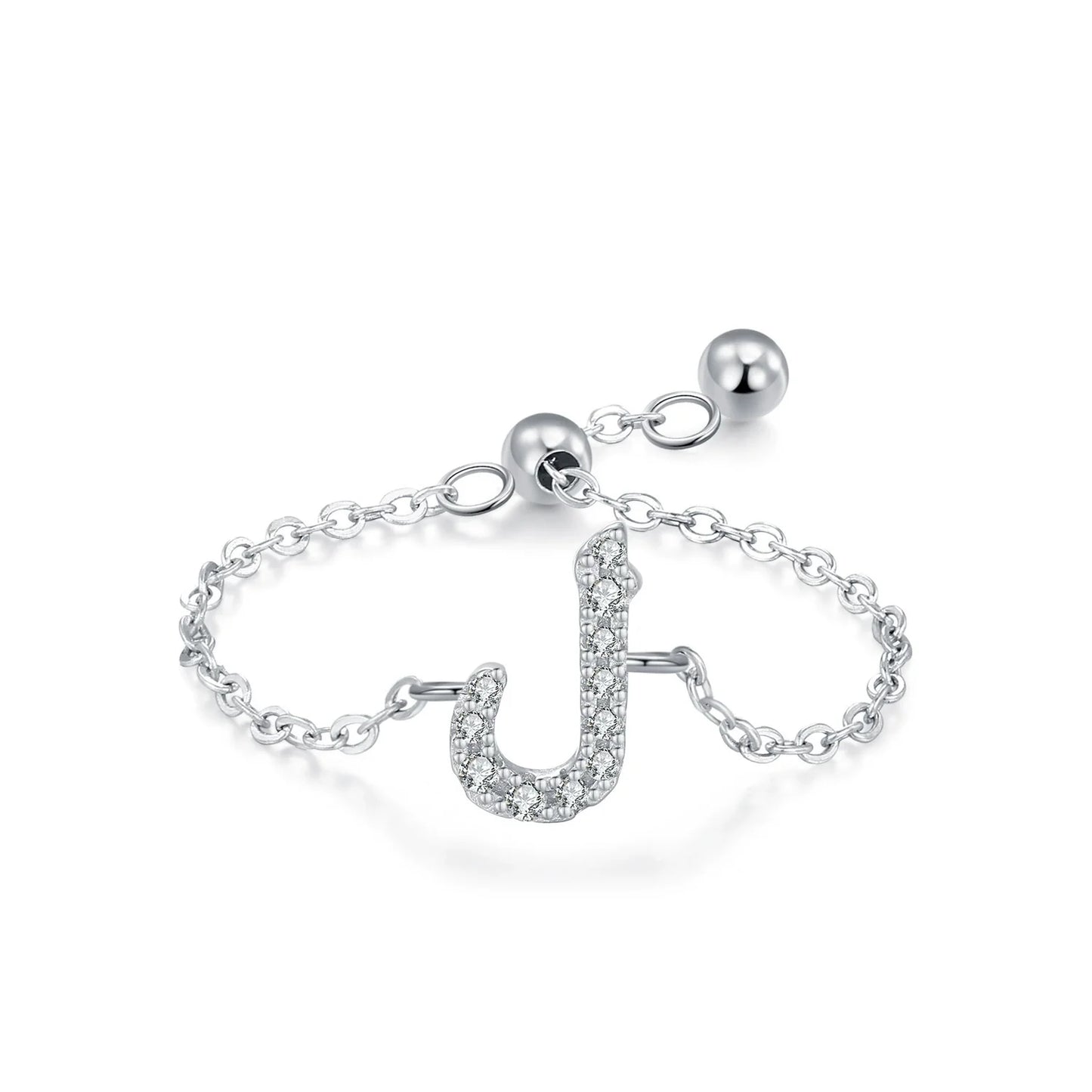 Adjustable silver pavé Arabic letter ring with CZ stones, curved letter design on chain