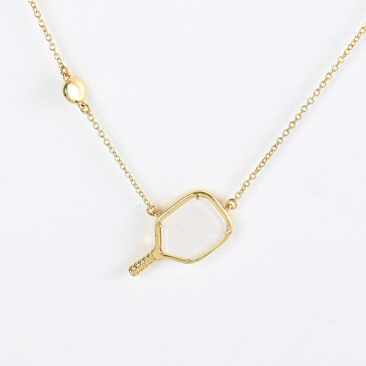Gold tennis racket pendant necklace with heart outline pendant and small handle