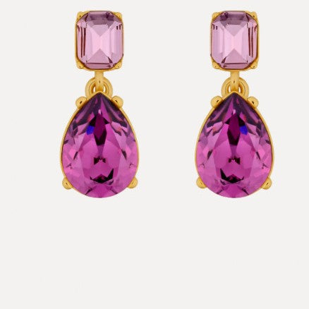 Teardrop-cut diamond stud earrings with purple-pink square and teardrop stones, gold-tone