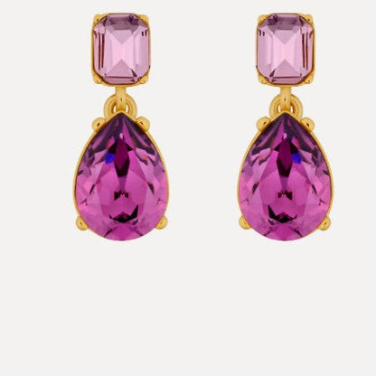 Teardrop-cut diamond stud earrings with purple-pink square and teardrop stones, gold-tone