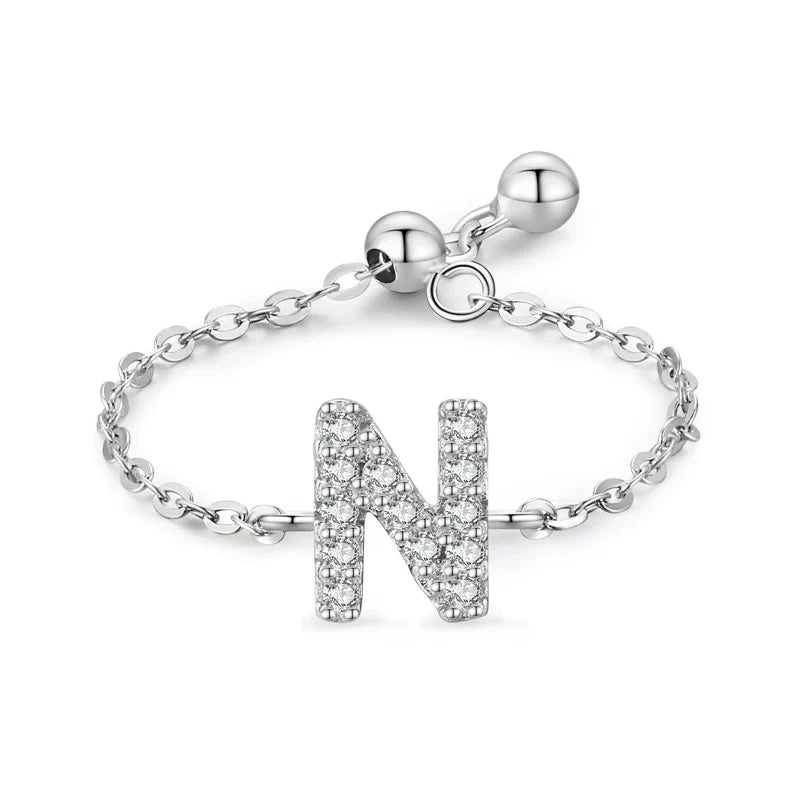 Sterling silver pavé letter N bracelet with link chain and round toggle clasp