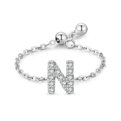 Sterling silver pavé letter N bracelet with link chain and round toggle clasp