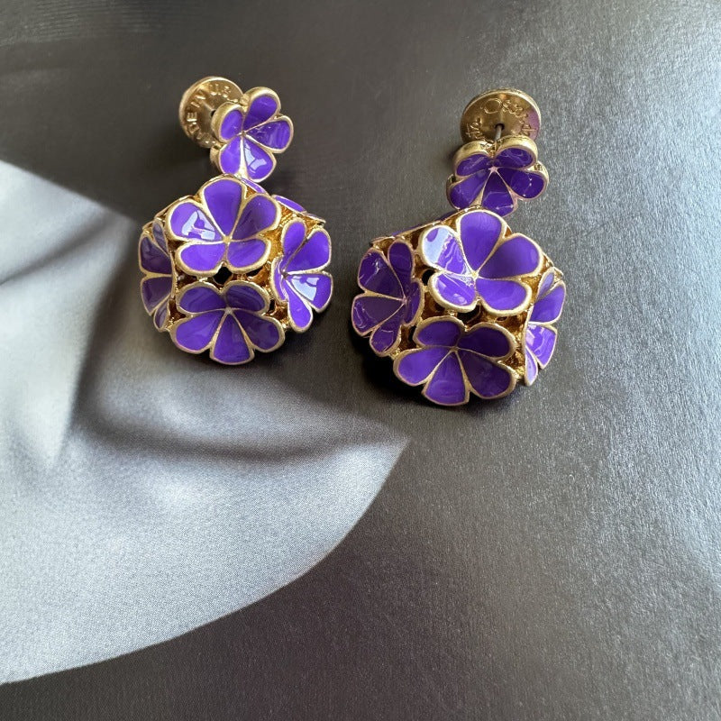 Oscar de la Renta Exquisite Enamel Hydrangea Metal Stud Earrings