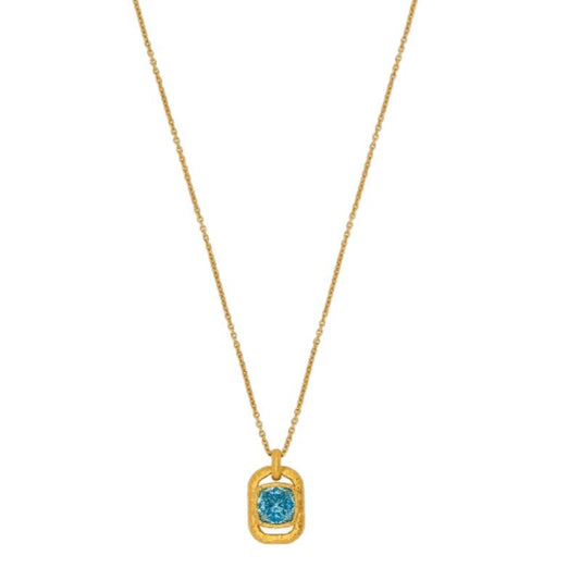 Square pendant necklace with hammered gold-tone frame and blue faceted gemstone on chain