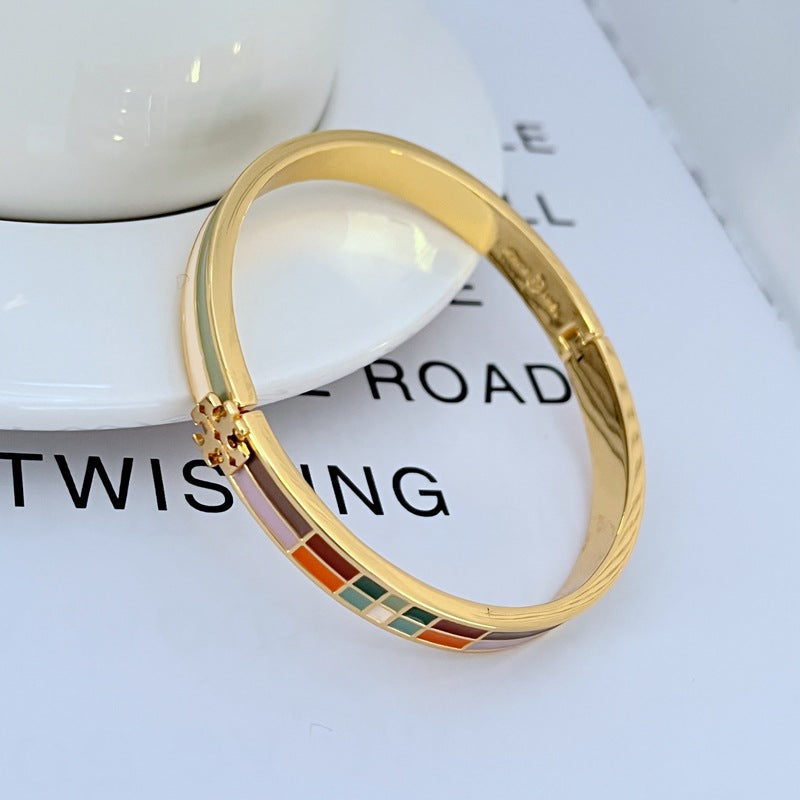 Tory Burch Elegant Colored Enamel Plaid Women's Metal Bangle